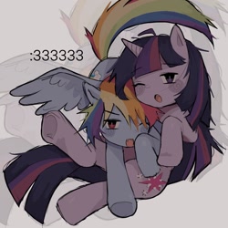 Size: 1440x1440 | Tagged: safe, artist:al3xiwy, imported from derpibooru, rainbow dash, twilight sparkle, pegasus, pony, unicorn, :3, duo, duo female, fangs, female, gray background, horn, lesbian, lying down, mare, one eye closed, one wing out, open mouth, shipping, simple background, twidash, unicorn twilight, wings