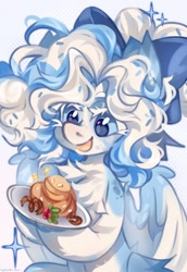 Size: 1486x2160 | Tagged: safe, artist:vanilla-chan, imported from derpibooru, oc, oc only, pegasus, pony, abstract background, bow, chest fluff, ear fluff, female, food, hair bow, mare, pancakes, plate, solo
