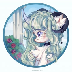 Size: 2048x2048 | Tagged: safe, artist:vanilla-chan, imported from derpibooru, oc, oc only, pony, unicorn, blushing, chest fluff, choker, curved horn, ear fluff, ear piercing, earring, female, flower, goat horns, horn, horns, jewelry, mare, piercing, solo, transparent horn