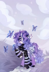Size: 1393x2048 | Tagged: safe, artist:vanilla-chan, imported from derpibooru, oc, oc only, butterfly, pony, unicorn, butt fluff, chest fluff, curved horn, ear fluff, female, fetlock tuft, horn, mare, solo