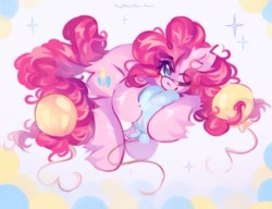 Size: 2048x1574 | Tagged: safe, artist:vanilla-chan, imported from derpibooru, pinkie pie, earth pony, pony, balloon, butt fluff, ear fluff, eyebrows, eyebrows visible through hair, female, fetlock tuft, mare, one eye closed, solo, wink