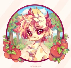 Size: 2101x2000 | Tagged: safe, artist:vanilla-chan, imported from derpibooru, oc, oc only, pony, unicorn, apple, apple tree, chest fluff, ear fluff, eyebrows, eyebrows visible through hair, food, horn, solo, tree