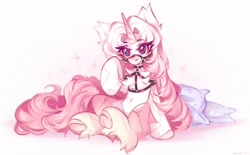 Size: 2048x1267 | Tagged: safe, artist:vanilla-chan, imported from derpibooru, oc, oc only, pony, unicorn, chest fluff, ear fluff, female, fetlock tuft, halter, harness, horn, mare, pillow, pink background, simple background, sitting, tack