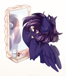 Size: 1843x2100 | Tagged: safe, artist:vanilla-chan, imported from derpibooru, oc, oc only, pegasus, pony, blushing, brush, commission, hairbrush, mirror, simple background, solo, white background