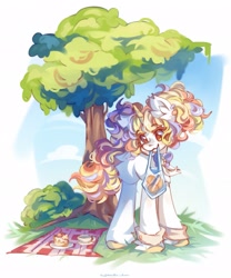 Size: 1707x2048 | Tagged: safe, artist:vanilla-chan, imported from derpibooru, oc, oc only, pony, unicorn, bag, bell, bell collar, butt fluff, cake, chest fluff, collar, cup, ear fluff, ear piercing, earring, female, fetlock tuft, food, horn, jewelry, mare, mouth hold, picnic blanket, piercing, solo, teacup, tree