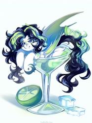 Size: 1533x2048 | Tagged: safe, artist:vanilla-chan, imported from derpibooru, oc, oc only, bat pony, pony, blushing, cocktail glass, drink, fangs, female, fetlock tuft, ice cube, lime, mare, simple background, white background