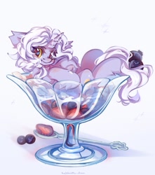 Size: 1807x2048 | Tagged: safe, artist:vanilla-chan, imported from derpibooru, oc, oc only, pony, unicorn, berry, blueberry, chest fluff, cocktail glass, cream, cup, cup of pony, ear fluff, female, fetlock tuft, food, horn, mare, micro, simple background, solo, strawberry, white background