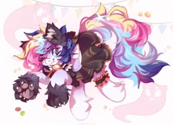 Size: 1280x928 | Tagged: safe, artist:vanilla-chan, imported from derpibooru, oc, oc only, oc:starbright flow, pegasus, pony, abstract background, animal costume, bell, bell collar, clothes, collar, costume, dress, ear fluff, fangs, female, fetlock tuft, halloween, halloween costume, holiday, mare, paws, wolf costume