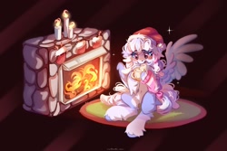 Size: 2048x1365 | Tagged: safe, artist:vanilla-chan, imported from derpibooru, oc, oc only, pegasus, pony, abstract background, belly button, blushing, candle, christmas, christmas stocking, drink, ear piercing, earring, female, fireplace, food, holiday, jewelry, mare, marshmallow, mug, piercing, sitting, solo, unshorn fetlocks