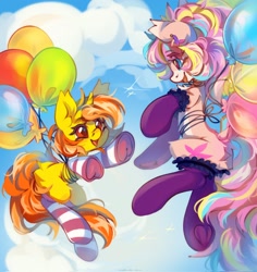 Size: 1934x2048 | Tagged: safe, artist:vanilla-chan, imported from derpibooru, oc, oc only, earth pony, pony, unicorn, balloon, butt fluff, chest fluff, clothes, commission, duo, ear fluff, ear piercing, earring, female, flying, horn, jewelry, looking at each other, looking at someone, mare, piercing, socks
