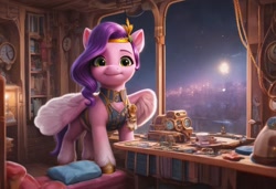 Size: 1216x832 | Tagged: safe, imported from derpibooru, pegasus, ai content, ai generated, city, cityscape, clock, clothes, cup, g5, generator:stable diffusion, indoors, light, looking at you, pillow, prompter:kluknawa235, standing, steampunk, table, teacup, window, wings