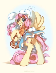 Size: 834x1080 | Tagged: safe, artist:vanilla-chan, imported from derpibooru, fluttershy, pegasus, pony, abstract background, basket, bipedal, blushing, braid, bunny ears, butt, clothes, dress, easter, easter basket, easter egg, featureless crotch, female, fetlock tuft, holiday, looking at you, looking back, looking back at you, mare, plot, rear view, solo, spread wings, wings