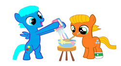Size: 2592x1408 | Tagged: safe, artist:memeartboi, imported from derpibooru, earth pony, pegasus, pony, best bros, best friends, best friends forever, bff, brothers, cake, colt, cute, darwin watterson, duo, duo male, foal, food, gumball watterson, happy, male, mixing, ponified, siblings, simple background, smiling, standing on two hooves, syrup, the amazing world of gumball, white background