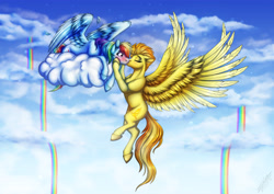 Size: 4961x3508 | Tagged: safe, artist:lupiarts, imported from derpibooru, rainbow dash, spitfire, pegasus, pony, cloud, duo, female, kissing, lesbian, on a cloud, shipping, spitdash, surprise kiss