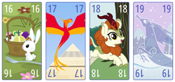 Size: 6400x3000 | Tagged: safe, artist:parclytaxel, imported from derpibooru, angel bunny, autumn blaze, philomena, oc, oc:spindle, kirin, phoenix, rabbit, windigo, series:parcly's pony pattern playing cards, .svg available, absurd resolution, animal, autumn, easter, easter egg, female, flying, fork, fork bomb, holiday, holy hand grenade of antioch, jumping, looking at you, male, monty python, monty python and the holy grail, name pun, open mouth, open smile, passepartout, playing card, pun, pyramid, rabbit of caerbannog, simple background, smiling, smiling at you, snow, somnambula (location), spring, summer, tarot card, vector, visual pun, white background, windigo oc, winter