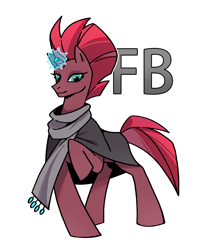 Size: 1500x1800 | Tagged: safe, artist:shedu256, imported from derpibooru, tempest shadow, pony, unicorn, cape, clothes, female, horn, magic, mare, scarf, simple background, solo, text, white background