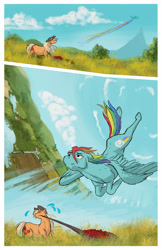 Size: 2028x3128 | Tagged: safe, artist:seventozen, imported from derpibooru, applejack, rainbow dash, pony, comic:the problem of parthus, apple, flying, food, rainbow trail