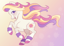 Size: 2668x1922 | Tagged: safe, artist:bishopony, imported from derpibooru, sunny daze (g3), earth pony, pony, female, g3, gradient background, high res, mare, open mouth, open smile, running, smiling, solo, sweatband, windswept mane