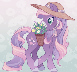 Size: 2177x2035 | Tagged: safe, artist:bishopony, imported from derpibooru, wysteria, earth pony, pony, abstract background, basket, cute, female, flower, g3, hat, high res, mare, signature, smiling, solo, sun hat