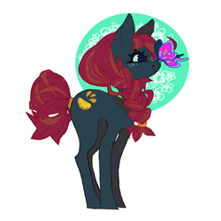 Size: 850x850 | Tagged: safe, artist:cutesykill, imported from derpibooru, oc, oc only, butterfly, earth pony, ambiguous gender, big ears, black coat, blue eyes, blue sclera, braid, braided ponytail, butterfly on nose, colored, colored sclera, commission, earth pony oc, eyelashes, flat colors, freckles, insect on nose, long legs, long mane, long tail, looking at something, passepartout, ponytail, profile, red mane, red tail, shrunken pupils, simple background, smiling, solo, standing, tail, tail bun, teal sclera, thick eyelashes, thin legs, tied mane, tied tail, two toned mane, two toned tail, white background