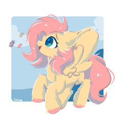 Size: 801x792 | Tagged: safe, artist:skylinepony_, imported from derpibooru, fluttershy, butterfly, pegasus, pony, cloud, cute, female, fluffy, open mouth, simple background, sky, sky background, solo, spread wings, white background, wide eyes, wings
