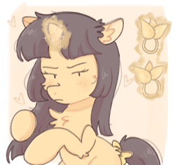 Size: 1452x1373 | Tagged: safe, artist:mikako, imported from derpibooru, oc, oc only, unicorn, asian, asian pony, bangs, black mane, blushing, bow, chest fluff, hair bow, hair tie, horn, magic, solo, tsundere, unicorn oc, yellow coat