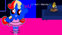 Size: 1280x720 | Tagged: safe, imported from derpibooru, oc, oc only, oc:angrymetal, unicorn, ballerina, ballet, ballet slippers, clothes, couch, crossdressing, cute, dancing, horn, male, puppy dog eyes, record player, solo, tutu