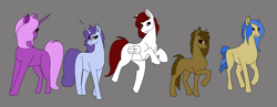 Size: 2281x886 | Tagged: safe, imported from derpibooru, oc, earth pony, pegasus, pony, unicorn, pony town, g5, gray background, horn, jazz hooves, simple background