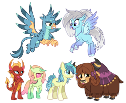 Size: 988x809 | Tagged: safe, artist:primrosepaper, imported from derpibooru, gallus, ocellus, sandbar, silverstream, smolder, yona, changedling, changeling, classical hippogriff, dragon, earth pony, griffon, hippogriff, pony, yak, alternate color palette, alternate design, alternate hairstyle, blaze (coat marking), bow, coat markings, colored wings, facial markings, female, flying, gradient wings, hair bow, jewelry, male, monkey swings, necklace, open mouth, open smile, simple background, smiling, socks (coat markings), student six, tongue out, transparent background, transparent mane, wings