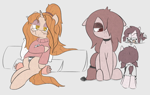 Size: 1086x690 | Tagged: safe, artist:castafae, imported from derpibooru, oc, oc only, oc:golden jubilee, oc:satin stitch, oc:velveteen, earth pony, pony, unicorn, blushing, chest fluff, choker, clothes, female, filly, foal, frown, glasses, gray background, hair over one eye, horn, lidded eyes, mare, messy mane, mother and child, mother and daughter, pigtails, pillow, ponytail, simple background, sitting, skirt, smiling, striped underwear, sweater, tail, tail wag, underwear