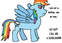 Size: 650x450 | Tagged: safe, artist:slashedout, imported from derpibooru, rainbow dash, pegasus, pony, angry, denial, ms paint, shitposting, simple background, solo, white background