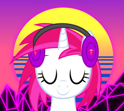Size: 3000x2687 | Tagged: safe, artist:keronianniroro, imported from derpibooru, oc, oc only, oc:dazzler, pony, unicorn, eyes closed, headphones, horn, retrowave, solo, synthwave, vector