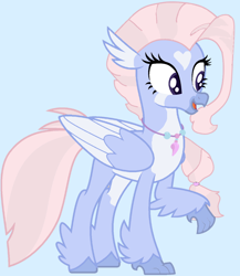 Size: 1024x1181 | Tagged: safe, artist:savygriffs, imported from derpibooru, oc, oc only, unnamed oc, classical hippogriff, hippogriff, base used, blue background, coat markings, female, hairband, heart, heart mark, hippogriff oc, jewelry, light blue background, necklace, open mouth, simple background, solo