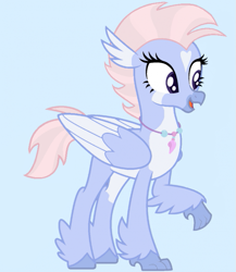 Size: 651x750 | Tagged: safe, alternate version, artist:savygriffs, artist:sharpwit, edit, imported from derpibooru, oc, oc only, unnamed oc, classical hippogriff, hippogriff, alternate hairstyle, base used, blue background, coat markings, female, heart, heart mark, hippogriff oc, jewelry, light blue background, necklace, not silverstream, open mouth, short mane, short tail, simple background, solo, tail