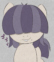 Size: 835x948 | Tagged: safe, artist:castafae, imported from derpibooru, oc, oc only, oc:dot matrix, earth pony, pony, bucktooth, female, gray background, hair over eyes, mare, menacing, simple background, smiling, solo