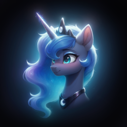 Size: 1328x1328 | Tagged: safe, imported from derpibooru, princess luna, alicorn, pony, ai content, ai generated, blurry background, blushing, bust, eyelashes, female, generator:bluefox mix, generator:stable diffusion, glowing, glowing horn, glowing mane, gradient background, happy, horn, jewelry, mare, portrait, prompter:adorablebluefox, regalia, side view, smiling, solo, tiara, vignette