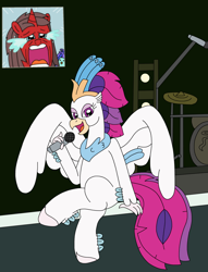 Size: 2154x2819 | Tagged: safe, artist:supahdonarudo, imported from derpibooru, queen novo, oc, oc:ironyoshi, oc:sea lilly, classical hippogriff, hippogriff, unicorn, my little pony: the movie, bereal., crossed legs, crying, drums, horn, meme, microphone, musical instrument, screaming fan meme, singing, stage