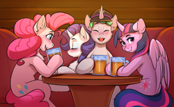 Size: 1807x1110 | Tagged: safe, artist:kittytitikitty, imported from derpibooru, pinkie pie, rarity, twilight sparkle, oc, alicorn, earth pony, pony, unicorn, alcohol, bar, beer, canon x oc, drunk, horn, open mouth, smiling, twilight sparkle (alicorn)