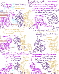 Size: 4779x6013 | Tagged: safe, artist:adorkabletwilightandfriends, imported from derpibooru, moondancer, starlight glimmer, twilight sparkle, oc, oc:pinenut, alicorn, cat, comic:adorkable twilight and friends, adorkable, adorkable twilight, advice, banter, bookshelf, butt, clothes, comic, cute, dating, dork, embarrassed, friendship, funny, glasses, humor, kissing, nostril flare, nostrils, plot, roommates, rubbing, silly, slice of life, smiling, sneeze cloud, sneezing, sweater, teasing, twilight sparkle (alicorn), vent, wince