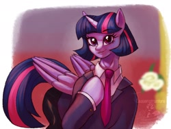 Size: 2160x1620 | Tagged: safe, artist:leavenstructure, imported from derpibooru, twilight sparkle, alicorn, pony, alternate hairstyle, business suit, clothes, cute, female, mare, necktie, pants, raised hoof, shirt, small head, solo, suit, twiabetes, twilight sparkle (alicorn)