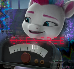 Size: 1770x1668 | Tagged: safe, edit, edited screencap, imported from derpibooru, screencap, zipp storm, pegasus, pony, canterlogic, episode needed, error, fan game, g5, game cover, glitch, meme, my little pony: make your mark, oxenfree, parody, radio, shitposting, solo, static, technology, video game crossover, video game reference