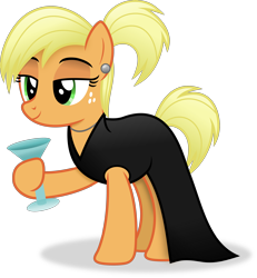 Size: 3252x3515 | Tagged: safe, artist:anime-equestria, imported from derpibooru, applejack, earth pony, alternate hairstyle, clothes, dress, ear piercing, earring, female, glass, holding, jewelry, mare, necklace, piercing, ponytail, simple background, smiling, solo, transparent background, vector