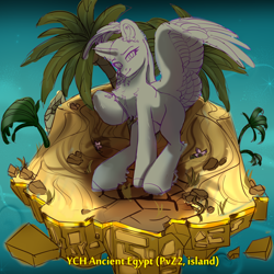 Size: 2500x2500 | Tagged: safe, artist:medkit, imported from derpibooru, oc, alicorn, pony, advertisement, ancient egypt, any gender, any race, any species, auction, auction open, chest fluff, coconut, colored sketch, commission, cracks, ear cleavage, ear fluff, feathered wings, flower, food, gold, grass, heart shaped, high res, hoof fluff, island, looking at you, ocean, palm tree, partially open wings, plants vs zombies 2: it's about time, raised hoof, rock, ruins, sale, sand, shoulder fluff, sketch, smiling, solo, space, standing, stars, sternocleidomastoid, tree, water, wings, your character here