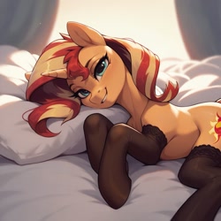 Size: 1024x1024 | Tagged: safe, imported from derpibooru, sunset shimmer, pony, unicorn, ai content, ai generated, bed, clothes, female, generator:pony diffusion v6 xl, generator:stable diffusion, horn, looking at you, lying down, mare, smiling, socks, solo, stockings, thigh highs