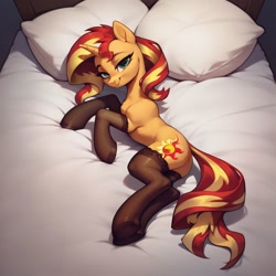 Size: 1024x1024 | Tagged: safe, imported from derpibooru, sunset shimmer, pony, unicorn, ai content, ai generated, bed, clothes, female, generator:pony diffusion v6 xl, generator:stable diffusion, horn, looking at you, lying down, mare, smiling, socks, solo, stockings, thigh highs