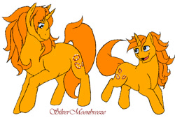 Size: 618x424 | Tagged: safe, artist:silvermoonbreeze, imported from derpibooru, gypsy (g1), oc, oc:baby gypsy, pony, unicorn, 2006, duo, duo female, female, filly, foal, g1, horn, jumping, mare, mother and child, mother and daughter, open mouth, open smile, raised hoof, simple background, smiling, standing, white background