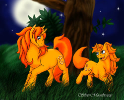 Size: 717x579 | Tagged: safe, artist:silvermoonbreeze, imported from derpibooru, gypsy (g1), oc, oc:baby gypsy, pony, unicorn, 2006, duo, duo female, female, filly, foal, full moon, g1, grass, horn, jumping, mare, moon, mother and child, mother and daughter, night, open mouth, open smile, raised hoof, smiling, standing, tree