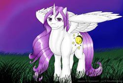 Size: 600x409 | Tagged: safe, artist:silvermoonbreeze, imported from derpibooru, oc, oc only, oc:moonstar (moonstar22), alicorn, 2006, alicorn oc, female, grass, horn, looking at you, mare, night, partially open wings, solo, standing, wings