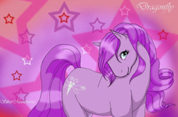 Size: 811x535 | Tagged: safe, artist:silvermoonbreeze, imported from derpibooru, dragonfly (g2), earth pony, pony, 2006, female, g2, looking at you, mare, pink background, simple background, solo, stars, turned head