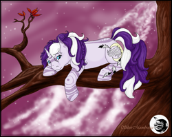 Size: 831x660 | Tagged: safe, artist:silvermoonbreeze, imported from derpibooru, oc, oc only, oc:moonbreeze, pony, unicorn, 2006, body markings, facial markings, female, horn, leg markings, lying down, lying on a branch, mare, prone, purple background, simple background, solo, tree branch, unicorn oc